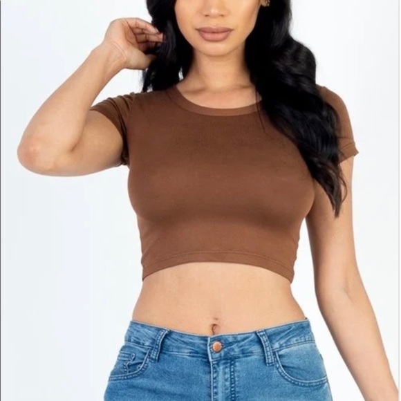 WOMENS BASIC DOWNTOWN BROWN‎ SHORT SLEEVE CROP TOP SHIRT - Picture 1 of 1